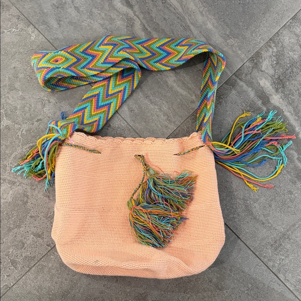 Peach Woven Crossbody Bag with Multicolor Strap